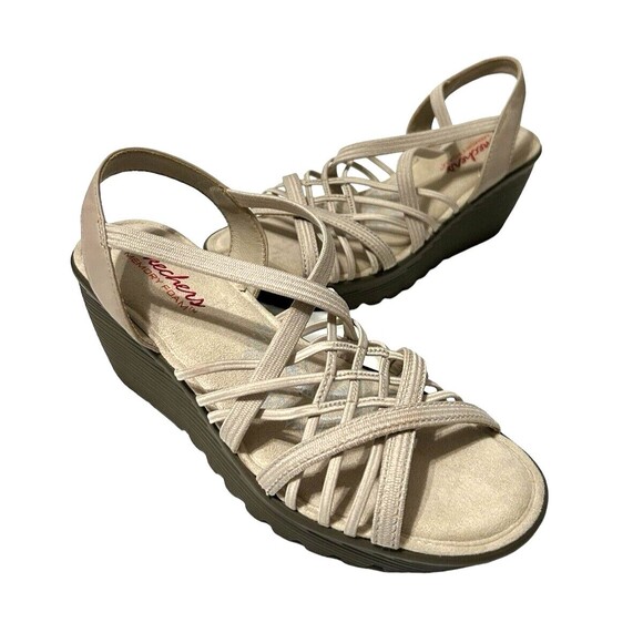 Skechers Memory Foam Multi Gore Sling Back Wedge Strappy Beige Sandals Sz 7.5? - Picture 2 of 16